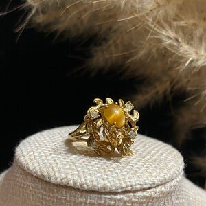 VTG 10K HGE Yellow Cat's Eye Floral Crystal Ring